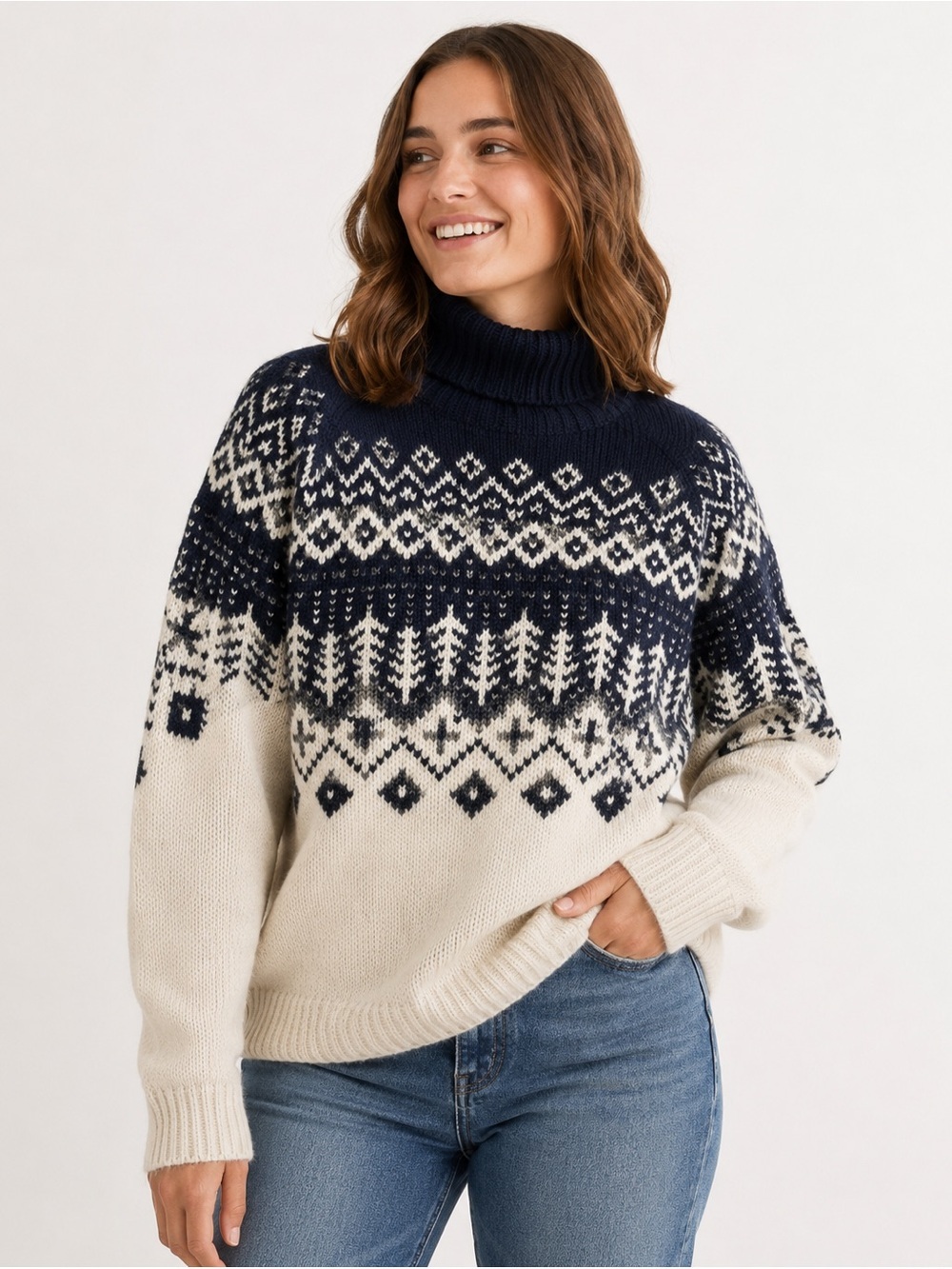 Alp N Rock Logan Fair Isle Turtleneck Sweater Navy Ivory Size Large NWT